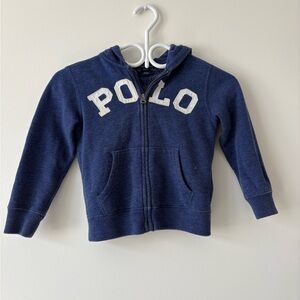 Polo Ralph Lauren Boy’s Size 4 Blue Zip Up Hoodie White POLO Logo Front Pockets
